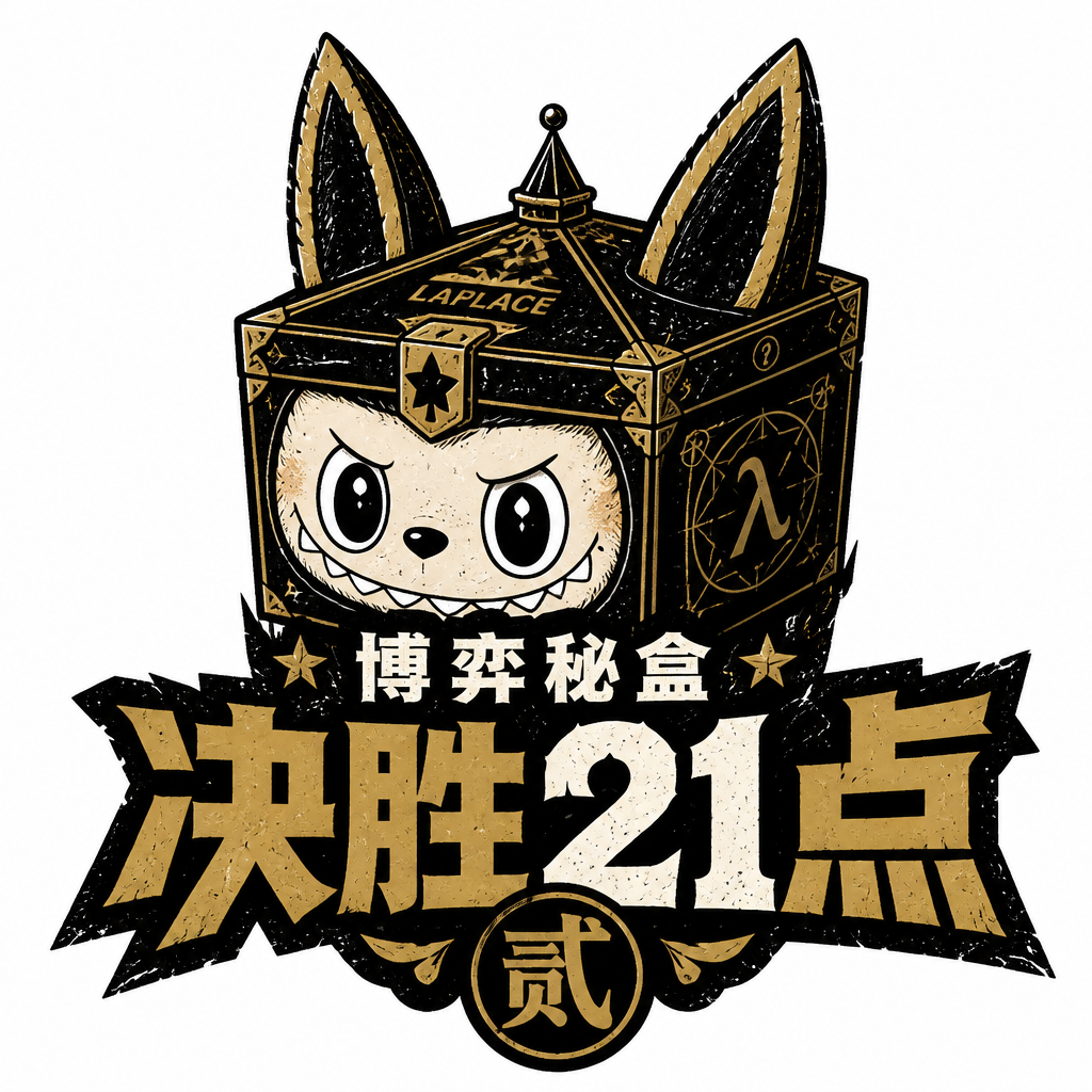 博弈秘盒IP矢量LOGO，纯白背景，Labubu精灵尖角造型的拉普拉斯魔盒，黑金字体决胜21点贰，粗糙做旧树脂肌理，丑萌街头潮流感，矢量平面标识