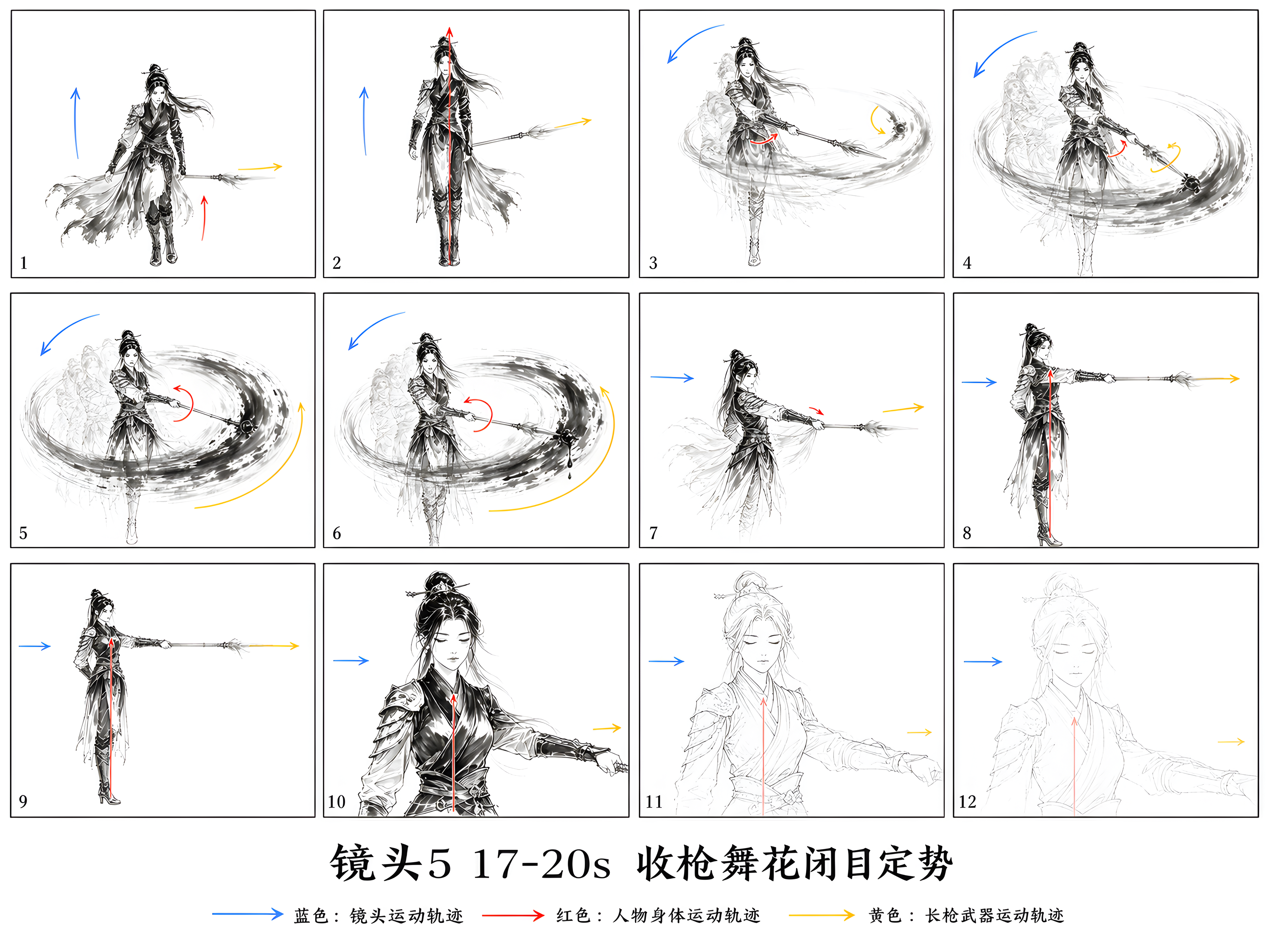 professional cinematic director storyboard sheet for one single continuous shot, 3 rows × 4 columns total 12 sequential keyframe panels, reading order from top-left to bottom-right row by row, each panel with thin black border, completely pure solid white blank background, zero scenery and environment elements;
hand-drawn rough sketch line art, Chinese traditional Bai Miao ink wash painting, xuan paper texture, dry and wet ink brush strokes, flying white fragmented brush texture, pure 2D flat illustration, no shading, no shadow, no 3D rendering;
ancient Chinese female spear warrior, 100% consistent facial features, hairstyle and costume across all 12 keyframes;
high-speed movements use extremely exaggerated stacked multi-layer transparent ink motion afterimages to highlight speed sense;
thin color annotation arrows on each panel without covering the character: blue arrows = camera movement track, red curved arrows = human body movement trajectory, yellow spiral/straight arrows = long spear weapon motion track;
small serial number (1-12) at bottom-left corner of each panel, unified Chinese shot title text at the bottom center of the whole sheet, clean standard director storyboard layout, ultra sharp linework, 8K high detail, <lora:character_v1:0.85>, <lora:ink_wash_style:0.7>, full body slow push-in to medium close-up, 3-second spear flower and eyes closing sequence;
Frame 1 (top-left): Back foot steps forward to close stance, body rises from bow stance, spear stays at waist side, blue slow lift-up arrow, short red stand-up track arrow, static yellow spear arrow;
Frame 2: Feet stand together fully upright, right wrist prepares to twist, spear tip slightly lifts, blue slow rise arrow, vertical red body center line, slightly lifted yellow spear arrow;
Frame 3: Wrist begins to twist, spear tip starts circular motion, faint circular ink trace appears, blue slight clockwise rotate arrow, small red waist twist arrow, tiny circular yellow pre-rotation arrow;
Frame 4: Spear flower first half circle, small layered circular ink afterimages form, ink bead begins to gather at spear tip, blue slow rotate arrow, small circular red wrist track arrow, small spiral yellow rotation arrow;
Frame 5: Spear flower full circle, complete round wet ink circular trail, clear layered rotation afterimages, blue slight rotation + slow push-in arrow, circular red wrist movement arrow, full circle yellow rotation arrow;
Frame 6: Spear flower second circle, smoother circular motion, round ink trail fully formed, ink bead hangs at tip ready to drip, blue slow push-in arrow, small circular red steady rotation arrow, smooth circular yellow rotation arrow;
Frame 7: Spear flower ends, wrist recovers, spear tip slowly lifts forward, circular afterimages begin to fade, blue slow push-in arrow, short red retract wrist arrow, forward-lifting yellow spear arrow;
Frame 8: Spear lifts to horizontal forward position, left hand places behind back, body fully static, rotation ink trails almost gone, blue gentle push-in arrow, vertical red static body line, straight horizontal yellow spear arrow;
Frame 9: Fully static standing pose, all motion traces disappear, clean solid ink outline, blue slow push-in toward face arrow, static red vertical line, static straight yellow spear arrow;
Frame 10: Eyelids begin to lower, eyes half closed, outline lines start to turn slightly faint, blue stop push-in static arrow, static red body line, static yellow spear arrow;
Frame 11: Eyes fully closed, character outline fades from solid to light ink, tranquil zen atmosphere, blue static fixed arrow, faint red body contour line, faint yellow spear arrow;
Frame 12 (bottom-right): Final closed-eye static pose, soft faint ink outline, extreme minimalist effect, fully static, blue completely static arrow, faint red gravity axis, faint yellow forward spear arrow;
whole sheet bottom title: 镜头5 17-20s 收枪舞花闭目定势
single panel, discontinuous frames, multiple different shots, complex background, ground, mountains, buildings, stone pillars, 3D render, photorealistic, full color fill, volumetric light, ambient occlusion, deformed face, distorted limbs, inconsistent character appearance, messy overlapping arrows, text watermark, blurry, low resolution, extra debris, multiple people, gradient shading, ink smudges covering character