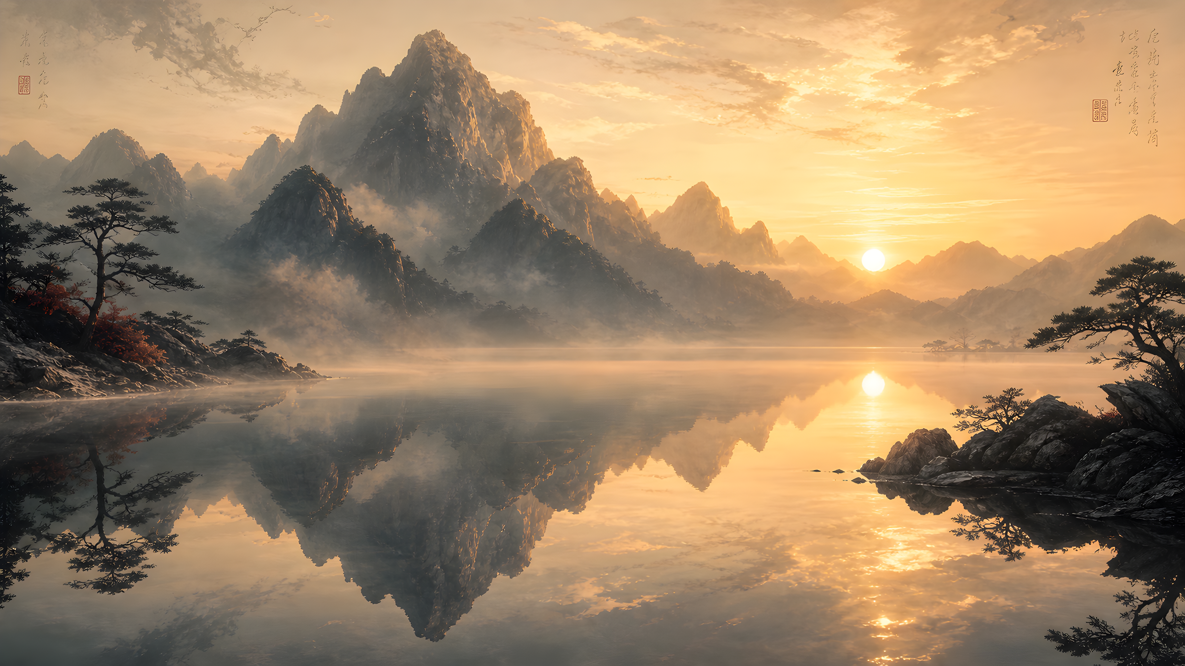 根据人物图片的风格创造，但是场景中不需要人物
mirror-like calm lake perfectly reflecting distant mountains, warm golden sunrise sky, thin mist over water surface, zen peaceful atmosphere, ink wash painting aesthetic blended with photorealistic water, 16:9, 8K