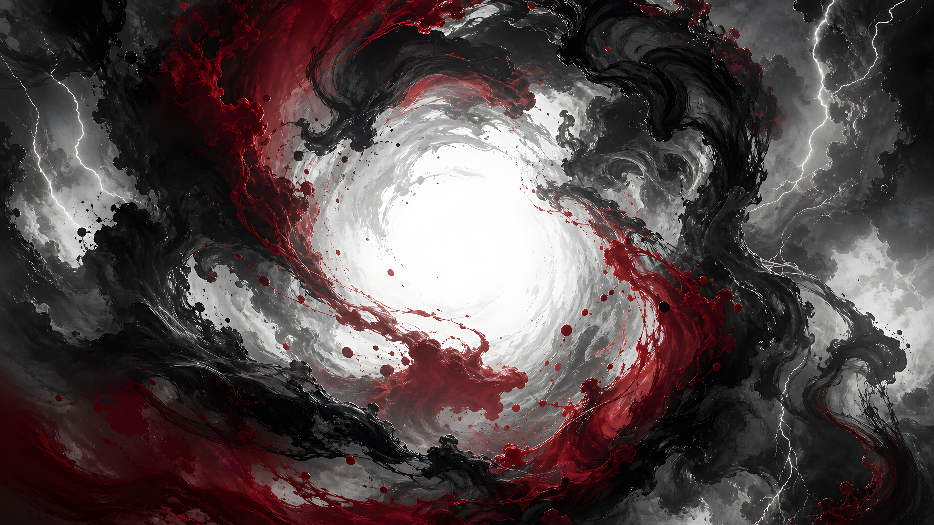根据人物图片的风格创造，但是场景中不需要人物
center of a swirling ink storm, rotating black clouds and crimson ink splashes circling around a pure white void in the middle, abstract ink wash art meets 3D surrealism, dramatic lighting with occasional lightning, 16:9, 8K